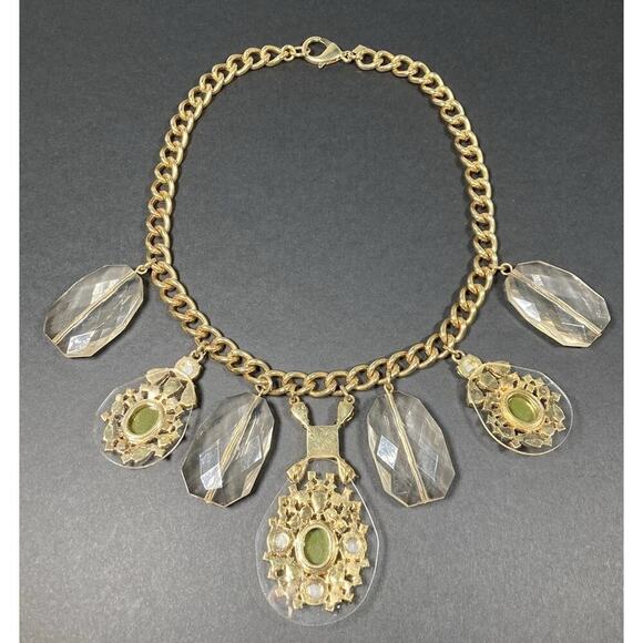 Banana Republic Bold Gold Tone Green Stone Thick Chain Statement Necklace 18" - Picture 10 of 13